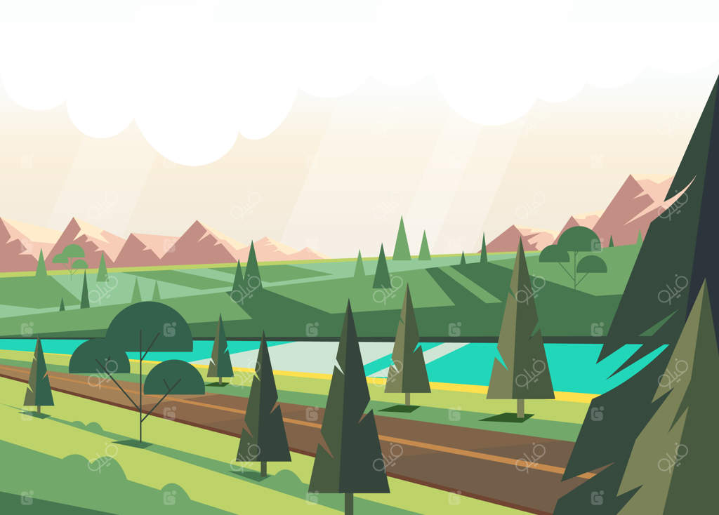 تصویر طبیعت تابستانی سبز با درخت کاج و رود آبی