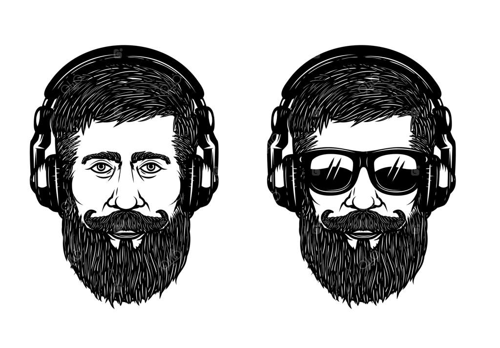 مرد ریشو با عینک آفتابی و هدفون: عنصر طراحی برای پوستر، آرم، لیبل و تیشرت. تصویرسازی