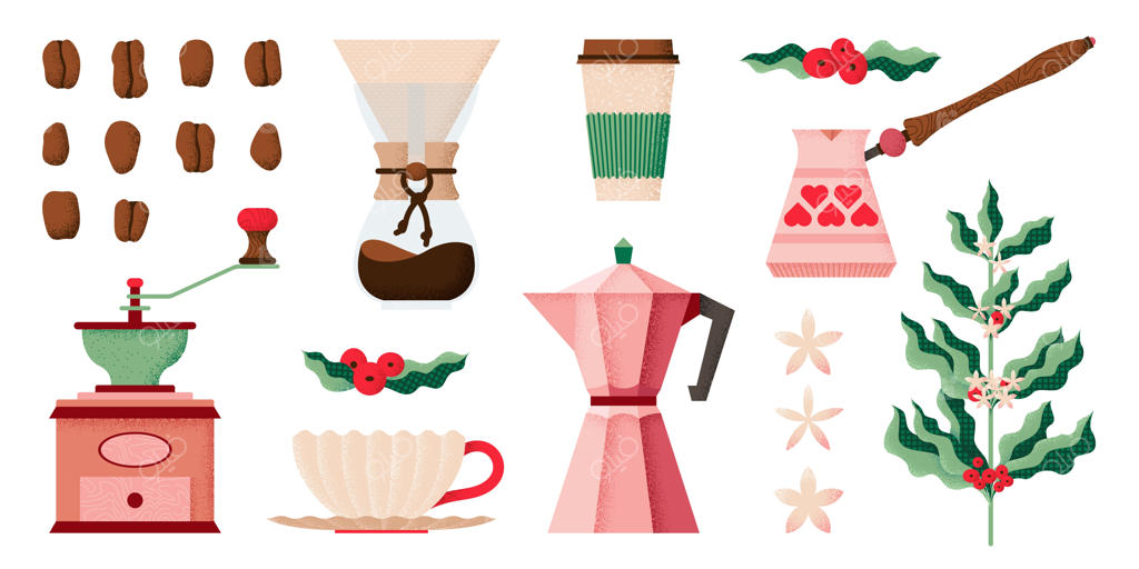 دانه‌های قهوه، برگ‌ها و عناصر گلدار: قهوه‌ساز و آسیاب، لیوان داغ مسافرتی لوکس، قوری چای‌خوری شیک، فنجان چینی - طراحی فروشگاه ارگانیک قهوه عربیکا