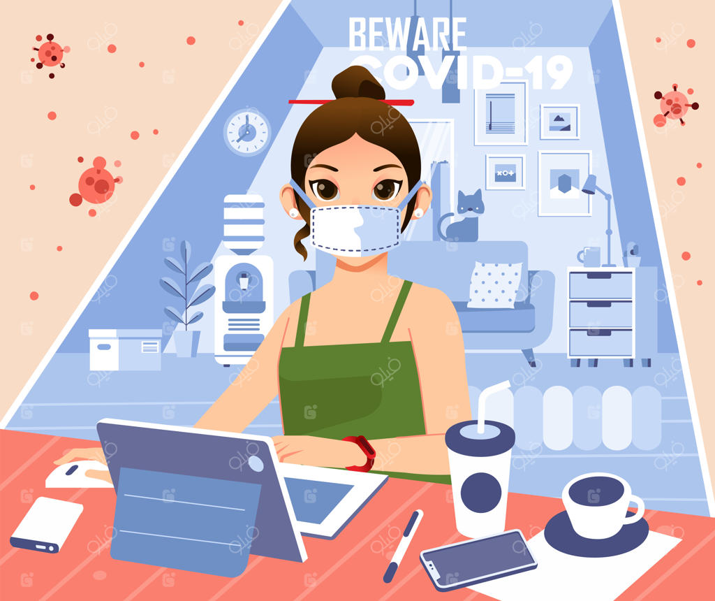 زنان جوان با ماسک و کار در خانه برای جلوگیری از شیوع ویروس کرونا