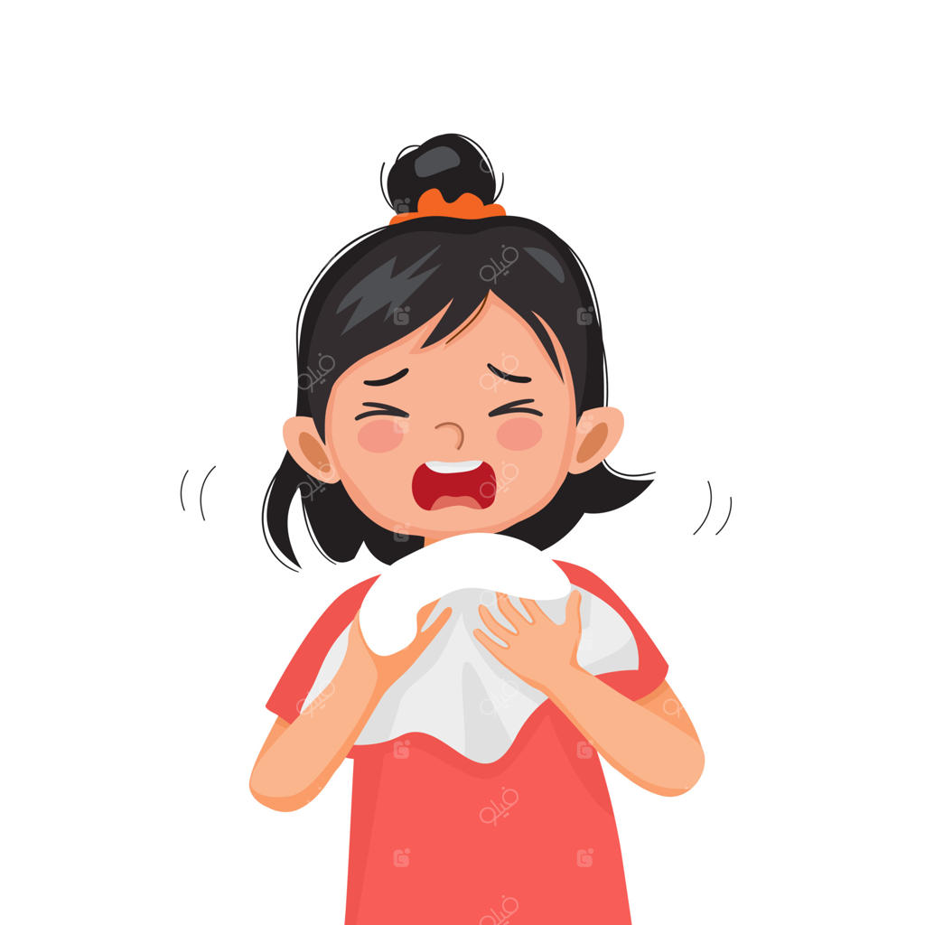 دختربچه بامزه در حال عطسه کردن در دستمال به دلیل سرماخوردگی یا حساسیت