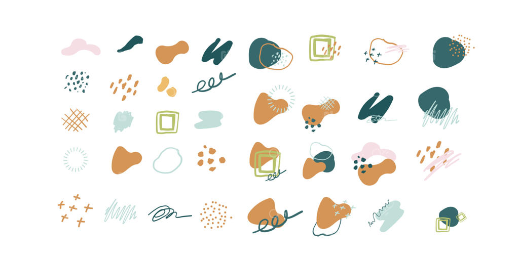 ضربات قلم انتزاعی و اشکال ارگانیک: مجموعه‌ای از عناصر طراحی دست‌کشیده بامزه برای پوستر یا بنر کاوایی. پس‌زمینه‌های انتزاعی