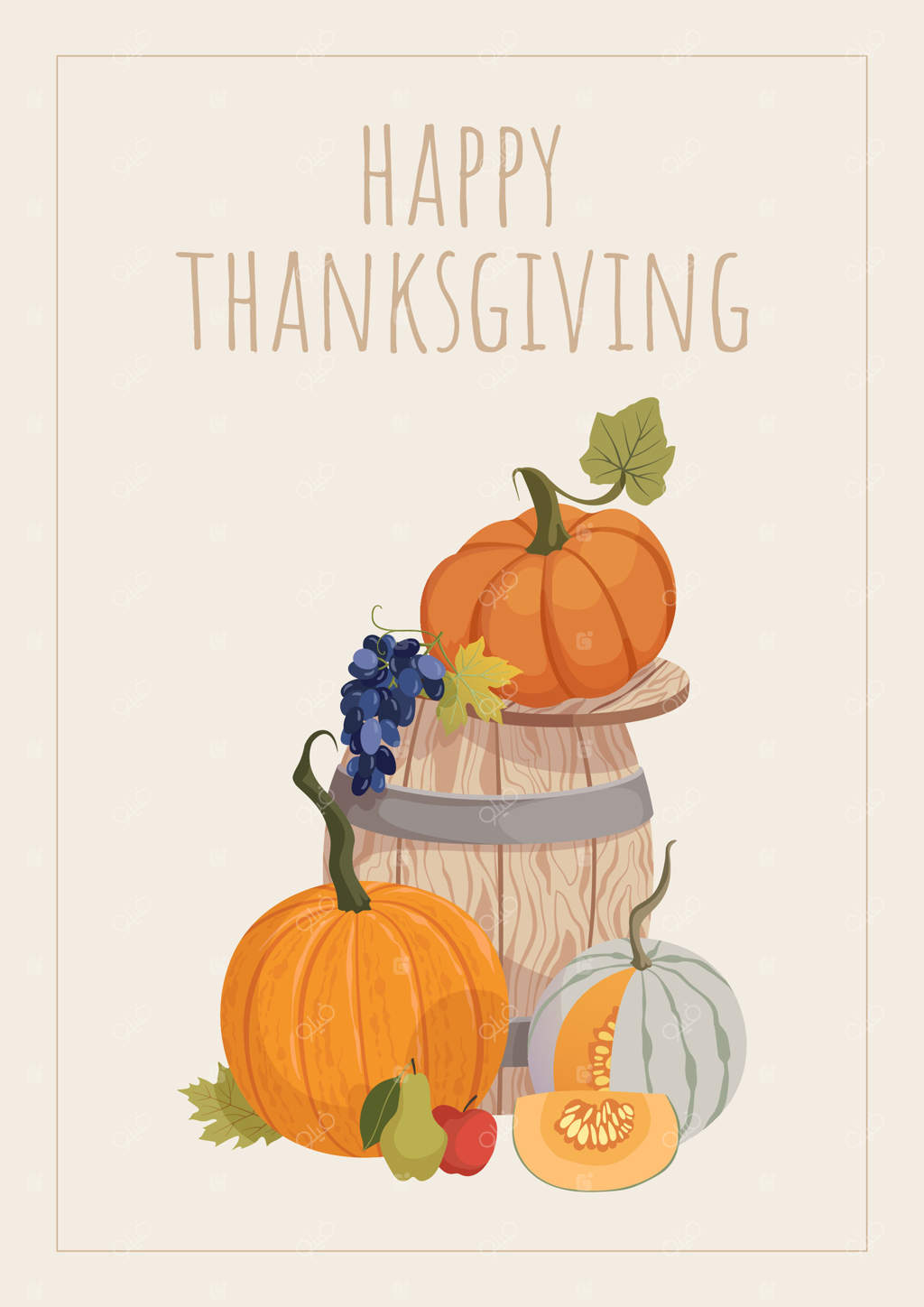 کارت پاییزی با کدوهای رنگارنگ و برداشت انگور روی بشکه چوبی. چیدمان محصولات باغی روز شکرگزاری برای کارت پستال، بنر، پوستر، استیکر و طراحی جشنواره. تصویرسازی.