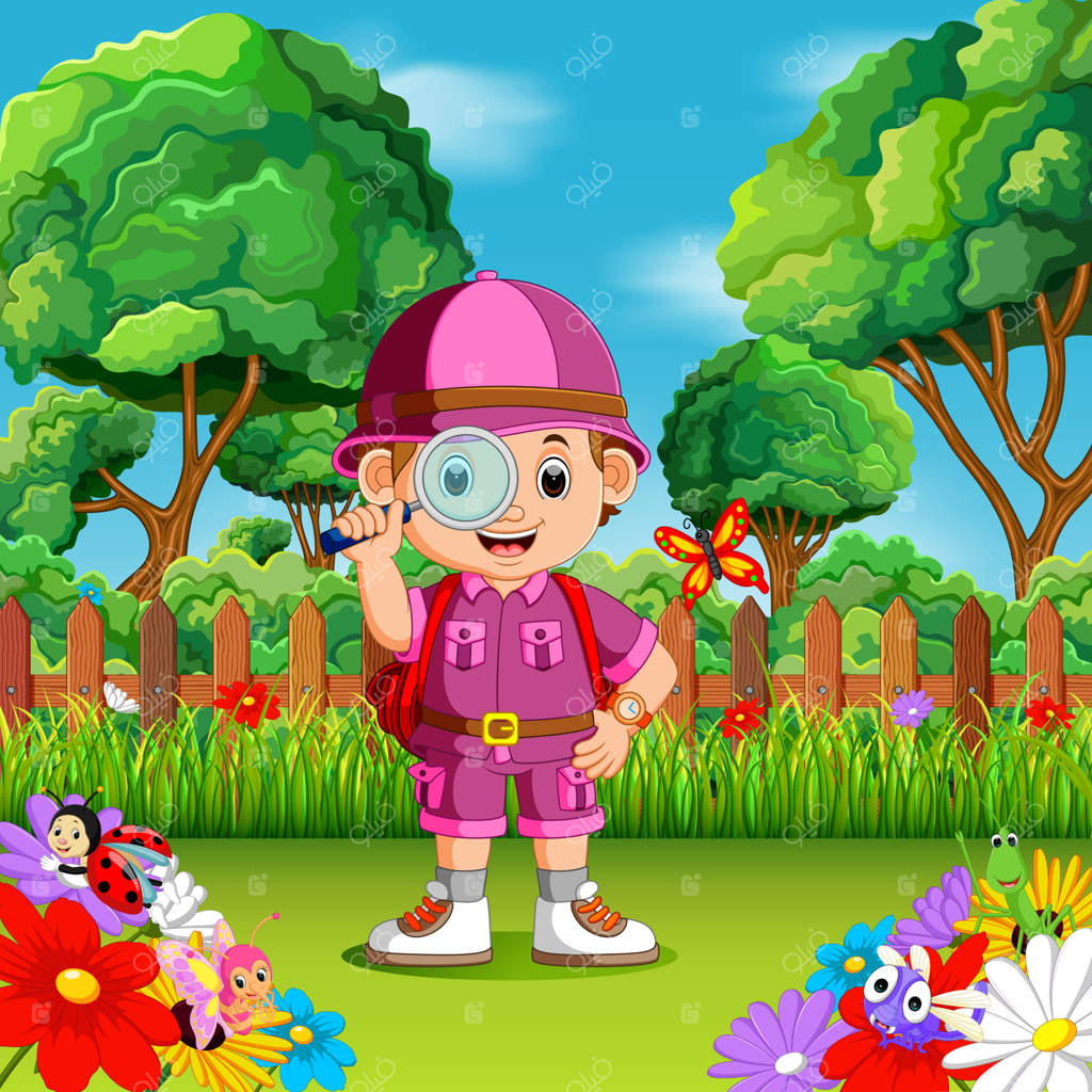 ماجراجویی پسر بامزه با ذره‌بین در باغ گل‌ها