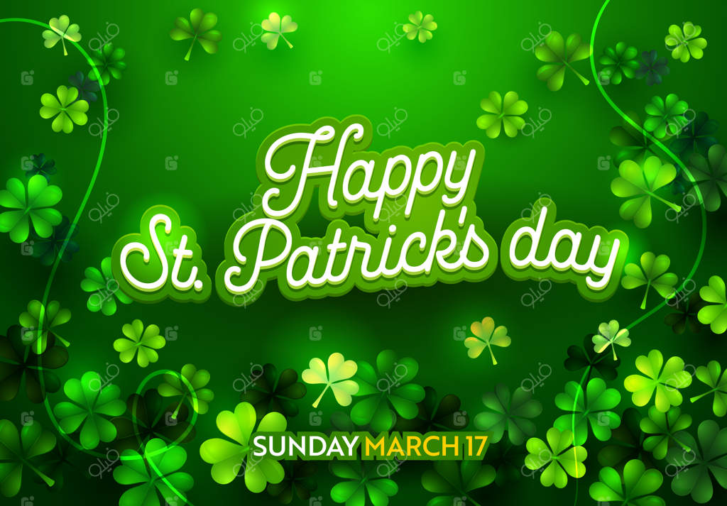 پوستر برای جشن ایرلندی روز سنت پاتریک با متن خوشنویسی. قالب بنر تبلیغاتی با حروف‌نگاری و علامت‌نویسی. نقش برگ شبدر بر پس‌زمینه سبز. تصویرسازی کارتونی وکتور ساده.