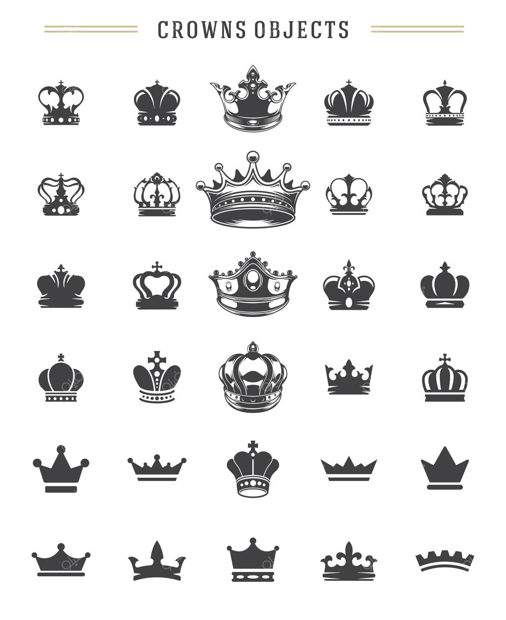 مجموعه عناصر طراحی وکتور و سیلوئت تاج‌های پادشاه