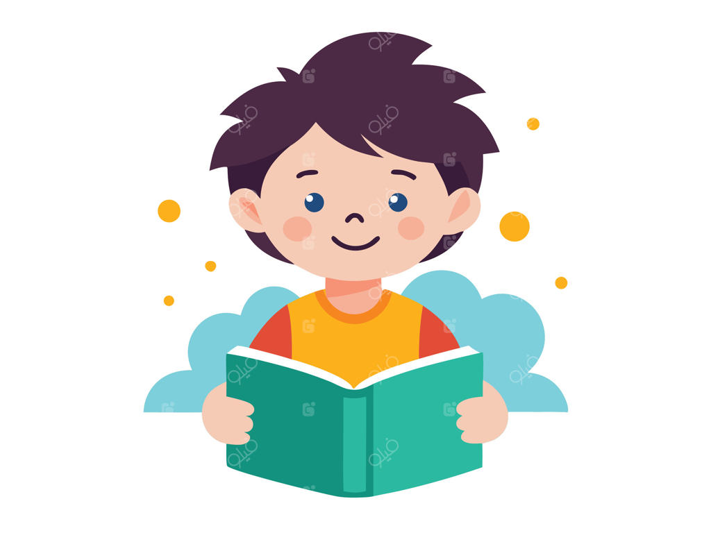 پسر کارتونی خوشحال در حال خواندن کتاب - مفهوم آموزش و یادگیری بر روی زمینه سفید