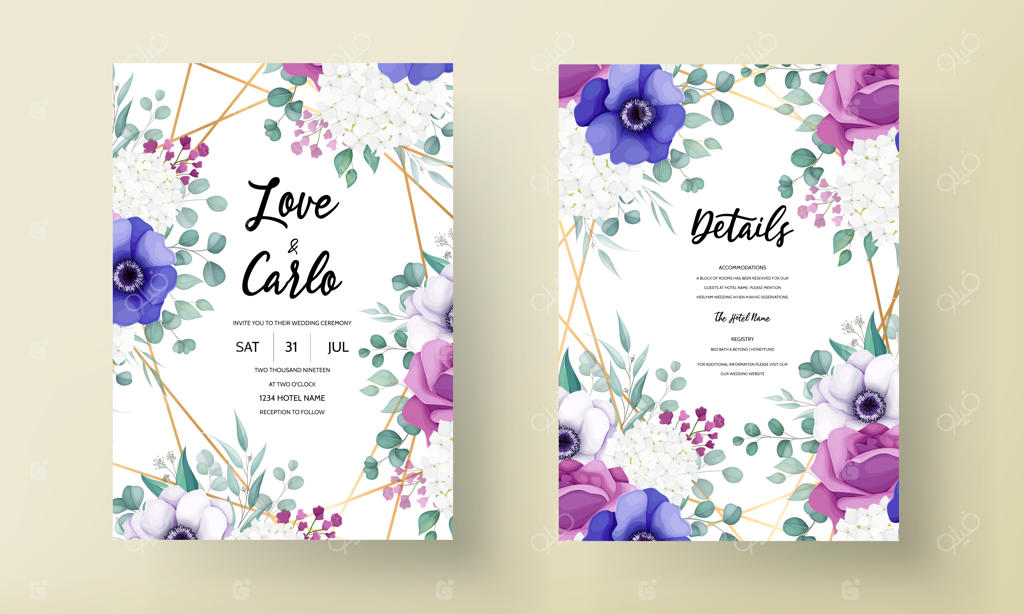 قالب کارت دعوت عروسی با گل‌های رز و شقایق زیبا