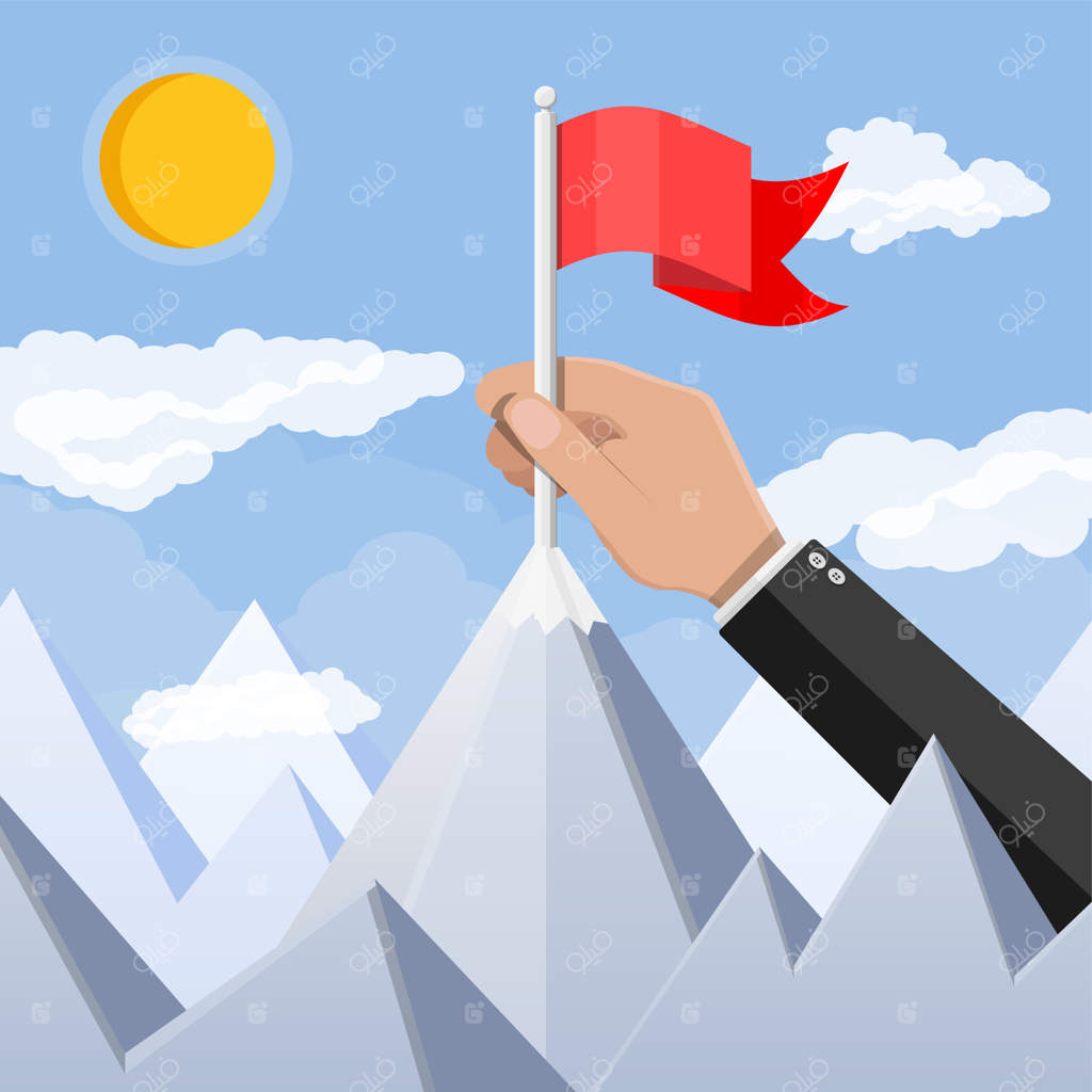 دست تاجر، پرچم را بر قله کوه می‌کوبد.