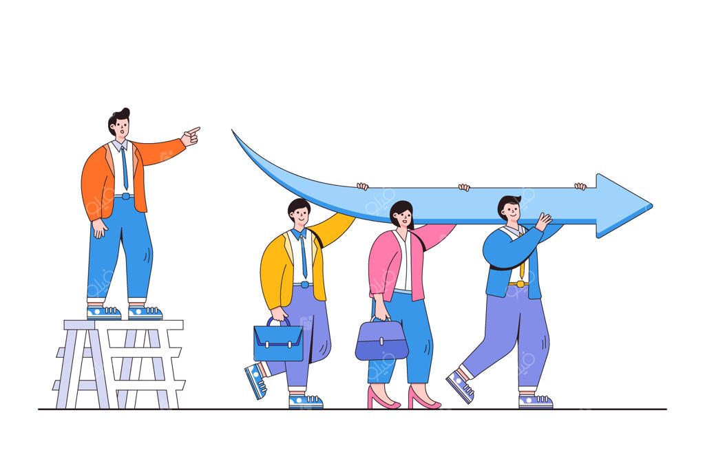 رهبری تیم، تصمیم‌گیری کسب‌وکار و راهنمایی برای رسیدن به انگیزه و الهام‌بخشی موفق - کارمندانی که فلش بزرگی را به سمت مدیر حمل می‌کنند