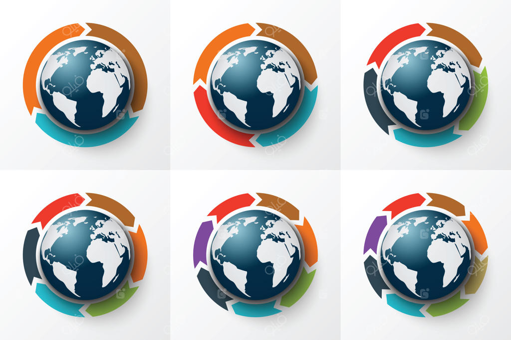 فلش‌های وکتوری دور زمین برای اینفوگرافیک: قالبی برای نمودار چرخه‌ای، گراف، ارائه و نمودار دایره‌ای. مفهوم کسب‌وکار با ۳، ۴، ۵، ۶، ۷ و ۸ گزینه، بخش، مرحله یا فرایند.