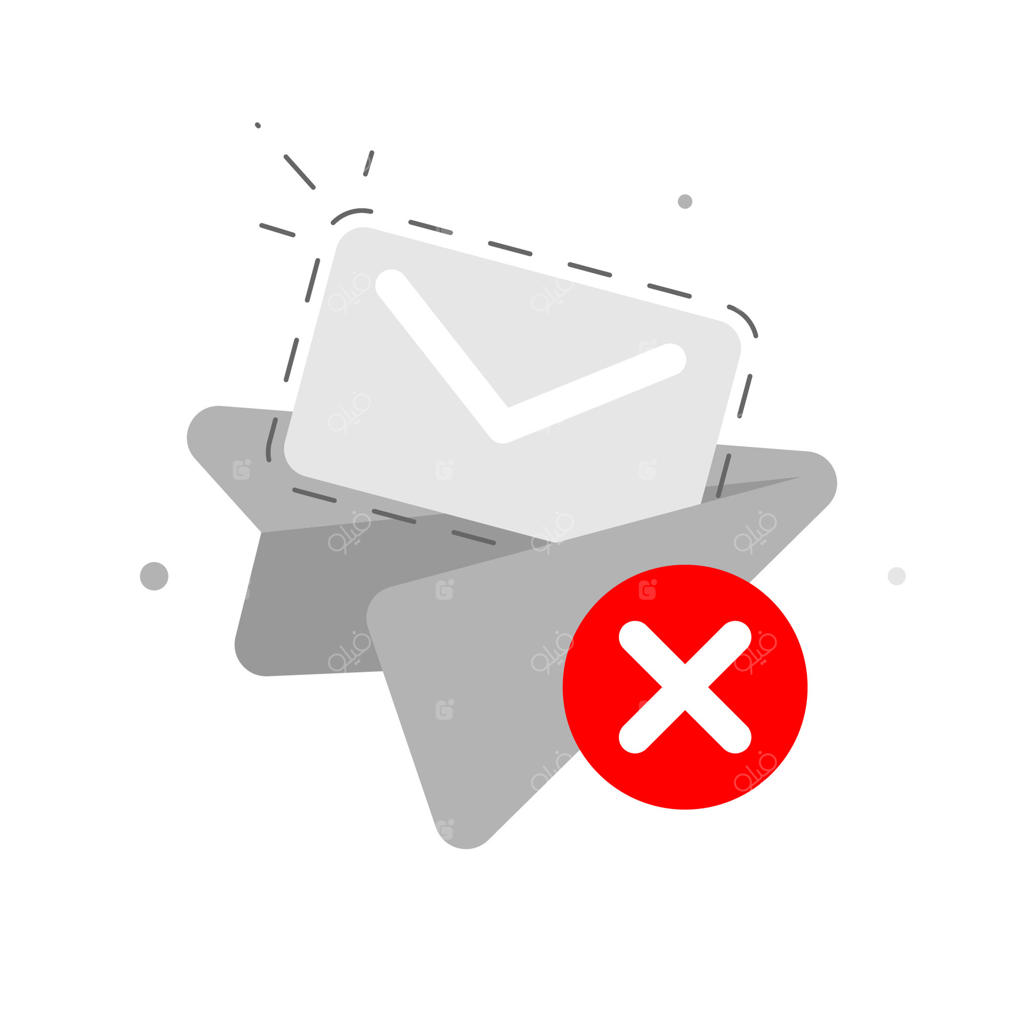 موشک کاغذی با سایه پاکت نامه و ضربدر قرمز؛ نماد ارسال ناموفق پیام یا ایمیل تحویل داده نشده. تصویرسازی تخت با مفهوم خطا، مشکل اتصال یا اختلال در ارتباطات