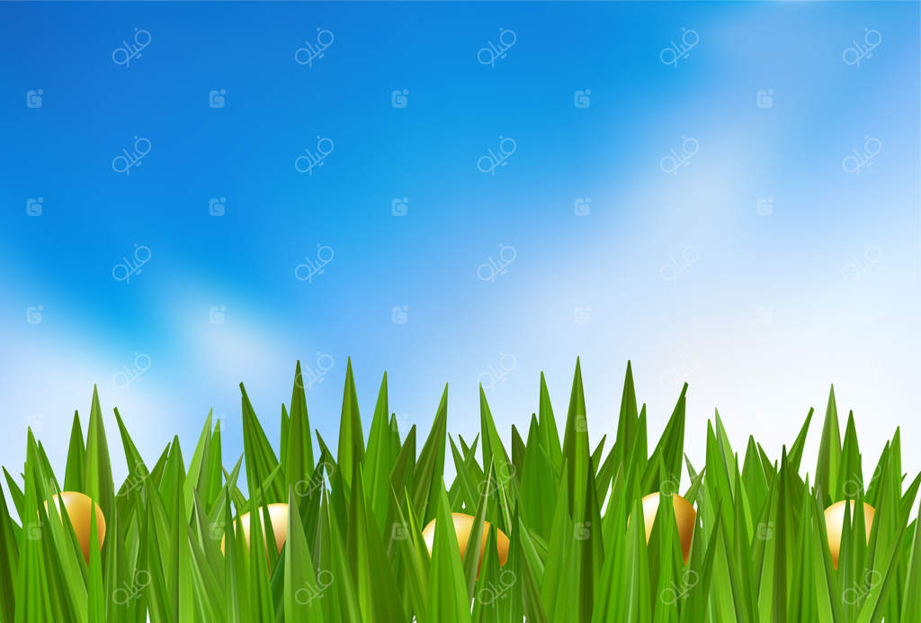 تخم‌ مرغ‌ های شکلاتی رنگارنگ در چمن‌ های سبز، شکار شکلات در جشن ایستر. دشت بهاری و جشن کودکان شاد. بنر سه‌ بعدی. تبریک در فضای باز باغچه، مفهوم هدیهٔ جشنی زیبا. آسمان آبی و ابری.