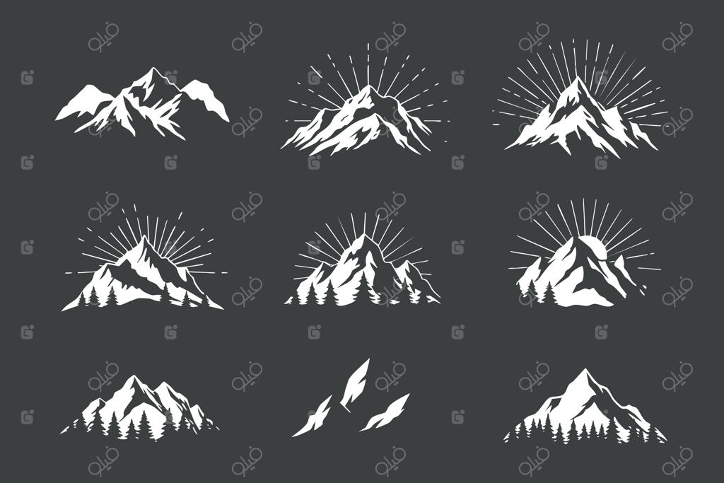 مجموعه لوگوهای وینتیج کوهستان با طرح طلوع خورشید