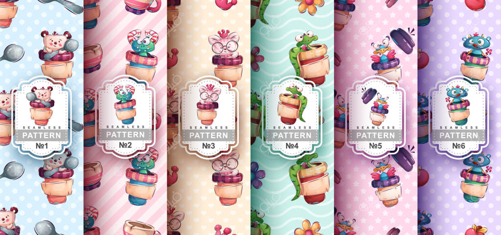 طرح یکپارچه فنجان با شخصیت‌های کارتونی بچگانه حیوانی - وکتور EPS 10