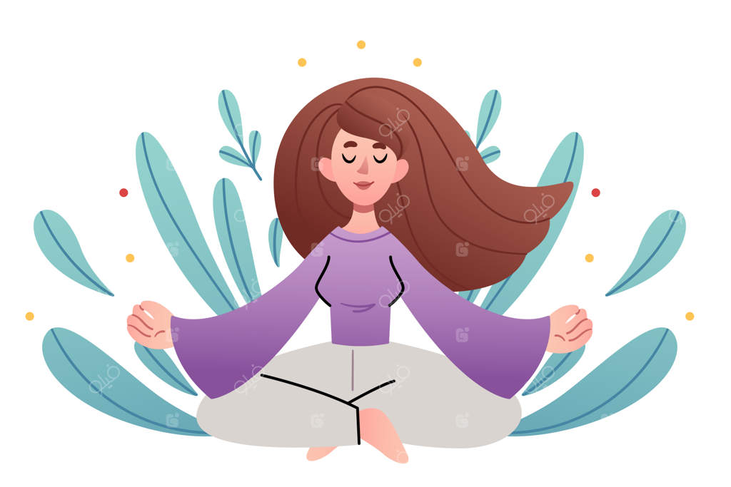 دختری در موقعیت لوتوس در پس‌زمینه برگ‌ها مراقبه می‌کند. مفهوم یوگا و ذهن‌آگاهی.