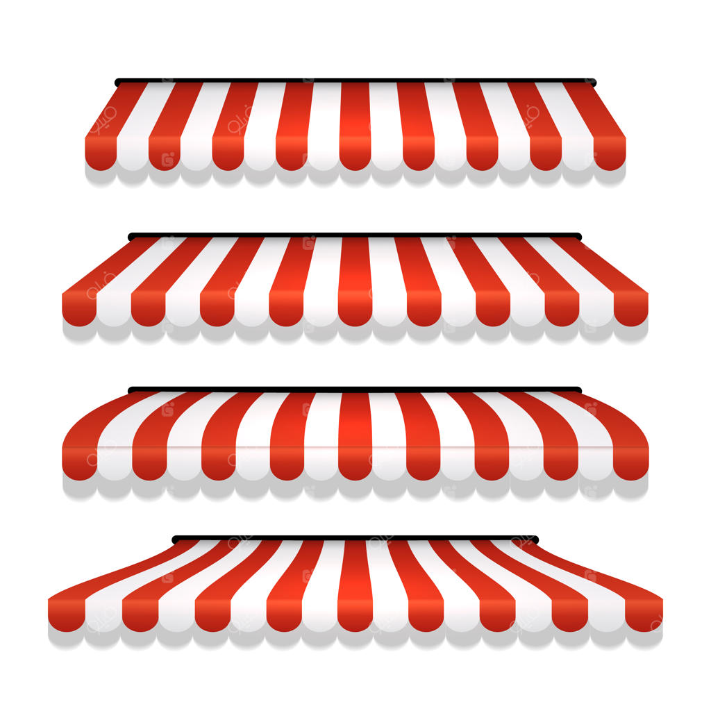 سایبان فروشگاه و چادر مغازه: نمای جلویی سایبان قرمز با خطوط راه‌راه برای رستوران، فروشگاه مواد غذایی یا کافه.