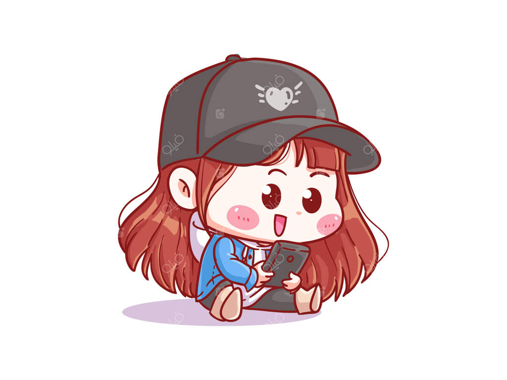 تصویر دختر بامزه و کاوایی با گوشی هوشمند در سبک مانگا چبی