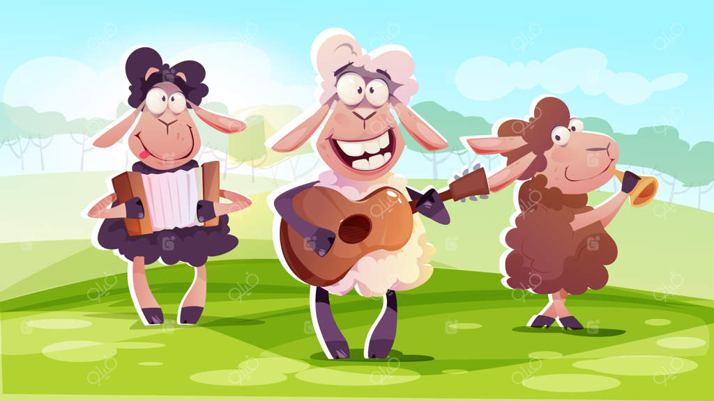 پوستر مفهومی "ببع ببع گوسفند سیاه" با سه گوسفند بامزه و سازهای موزیکال در مزرعه