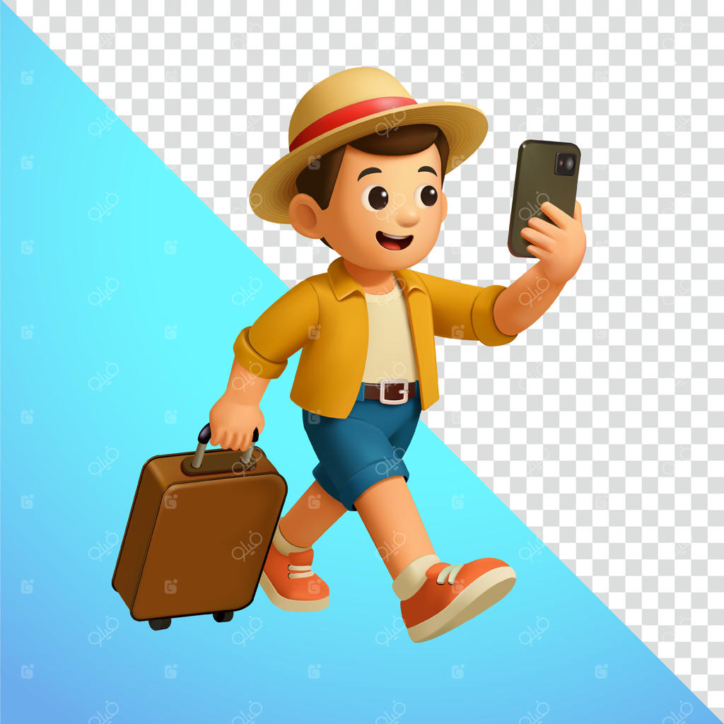 مردی در حال سفر و گرفتن سلفی با گوشی هوشمند. مناسب برای شبکه‌های اجتماعی و تبلیغات