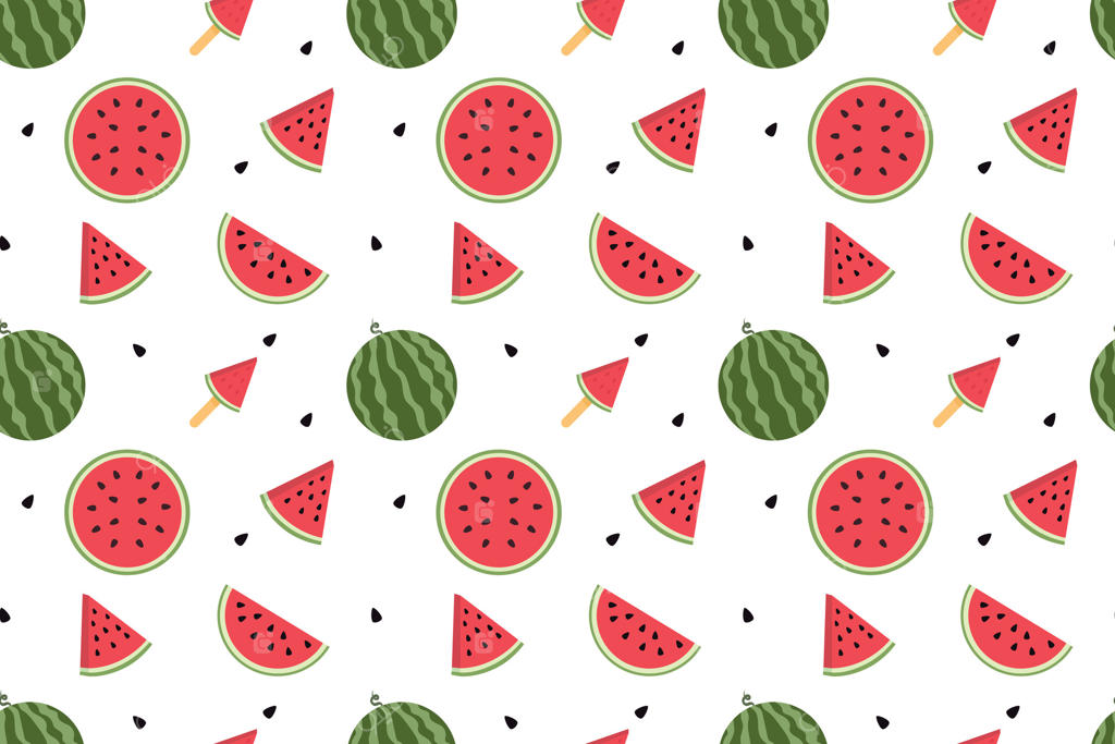 پترن بی‌وقفه تابستان با برش‌های هندوانه و دانه‌ها روی زمینه سفید. غذای تازه و شیرین تابستانی.