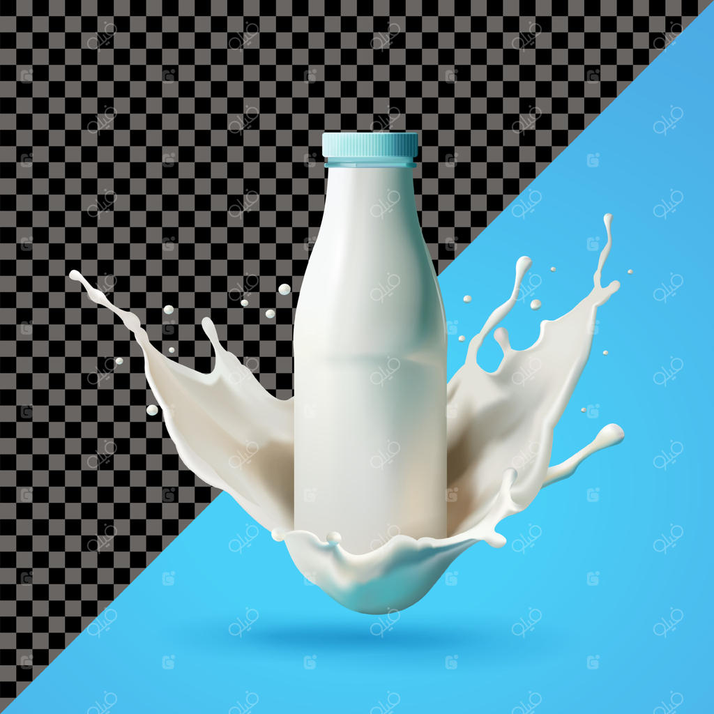 بطری شیر به همراه پاشش شیر، سه‌بعدی - مناسب برای سلامت و تجارت