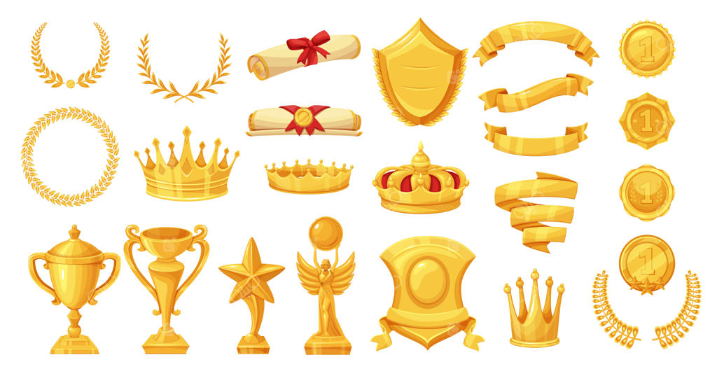 جام‌‌های طلایی، روبان‌های افتخار، تاج‌های برگ‌بو، دیپلم‌ها و تاج‌ها: آیکون‌های وکتور مقام اول