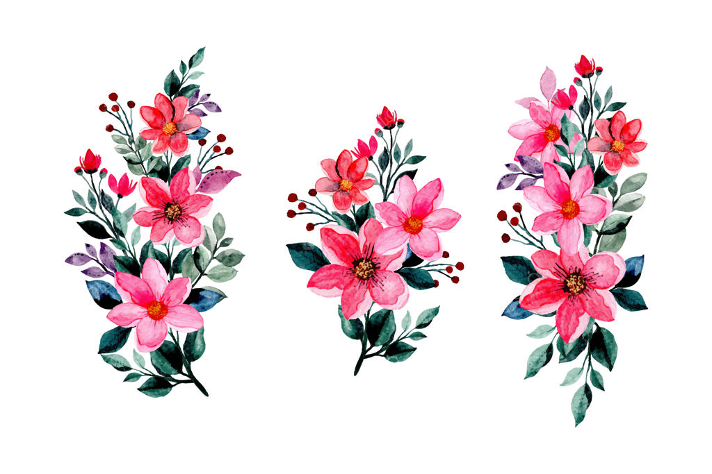 مجموعه دسته‌گل‌های آبرنگی صورتی