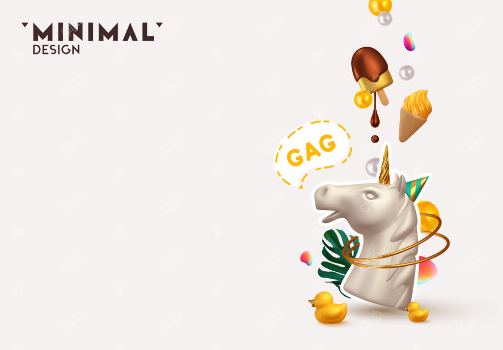 طراحی مینیمالیستی انتزاعی با اشیاء سه‌بعدی واقع‌گرایانه: سر اسب تک‌شاخ سفید، بستنی و برگ‌های نخل. پوستر و بنر خلاقانه. تصویرسازی وکتور.