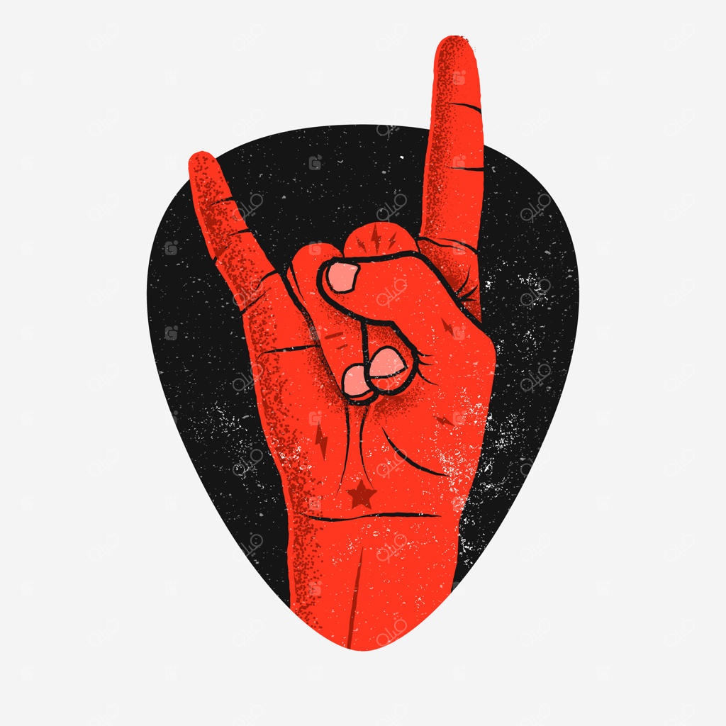ژست دست سنگ قرمز بیرون آمده از سایه‌ی سیاه پیک گیتار. مفهوم موسیقی راک برای برچسب، برچسب، طراحی تی‌شرت یا پوستر. تصویرسازی به سبک قدیمی.