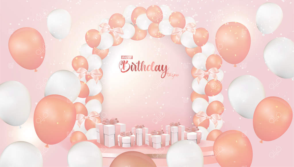 کارت تولد صورتی و سفید با بادکنک‌های صورتی و سفید، قوس بادکنک و جعبه هدیه