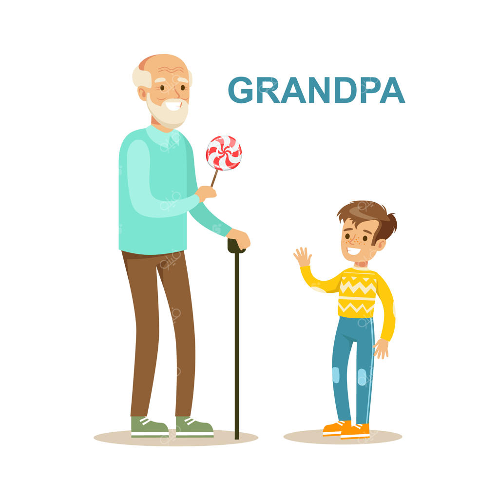 تصویرسازی پدربزرگ در حال آبنبات دادن به نوه و خانواده شاد در حال گذراندن اوقات خوش با هم