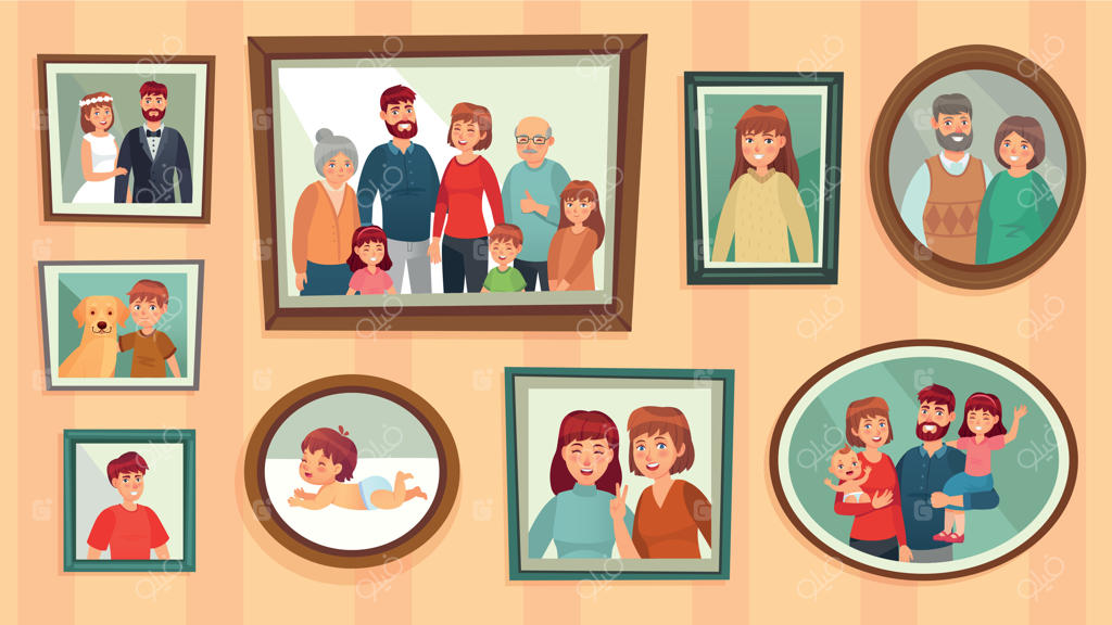 قاب عکس کارتونی خانوادگی: تصاویر شاد خانواده در قاب عکس های دیواری، تصویرسازی وکتور عکس‌های خانوادگی