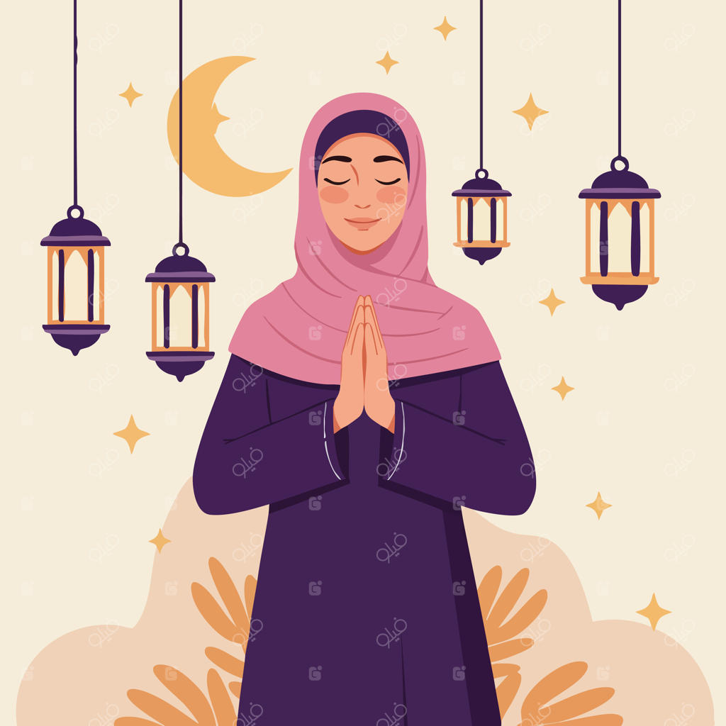 تصویرسازی زن مسلمان در حال دعا با فانوس‌های سنتی و هلال ماه در فضایی معنوی و آرام