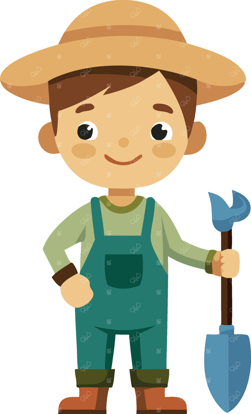 پسرک کارتونی کشاورز با کلاه و بیل در دست و لباس کار روی زمینه سفید - وکتور حرفه‌ای