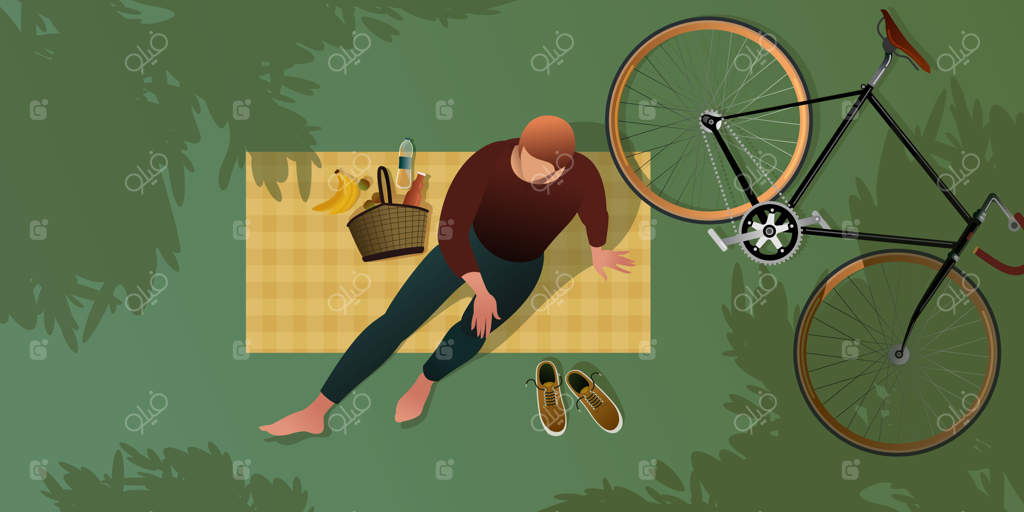 دوچرخه‌سوار در حال استراحت روی پتوی پیک‌نیک نمای بالا پارک تابستانی شهر - تصویرسازی وکتور تخت