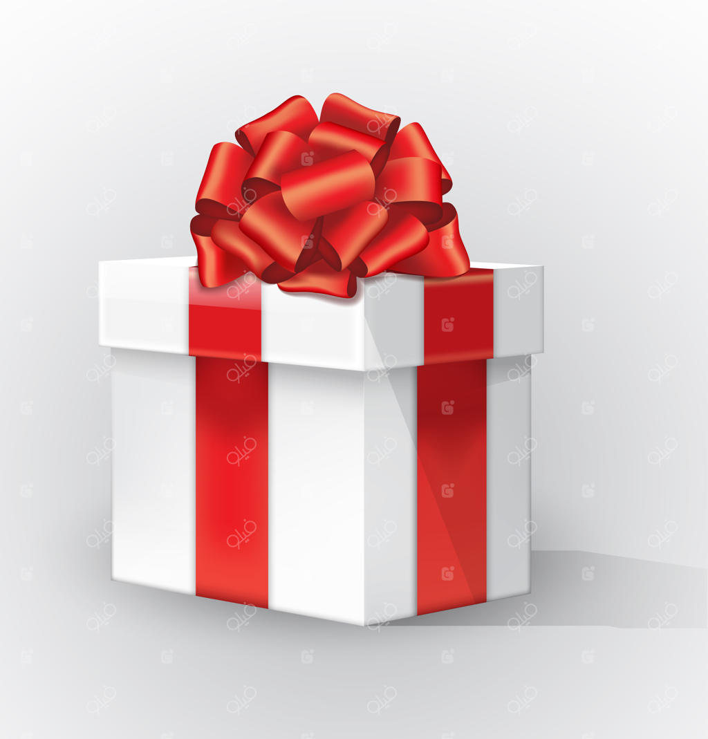 جعبه هدیه سفید با پاپیون قرمز و سایه. ربان قرمز خمیده با نوار طلایی و پاپیون بسته شده