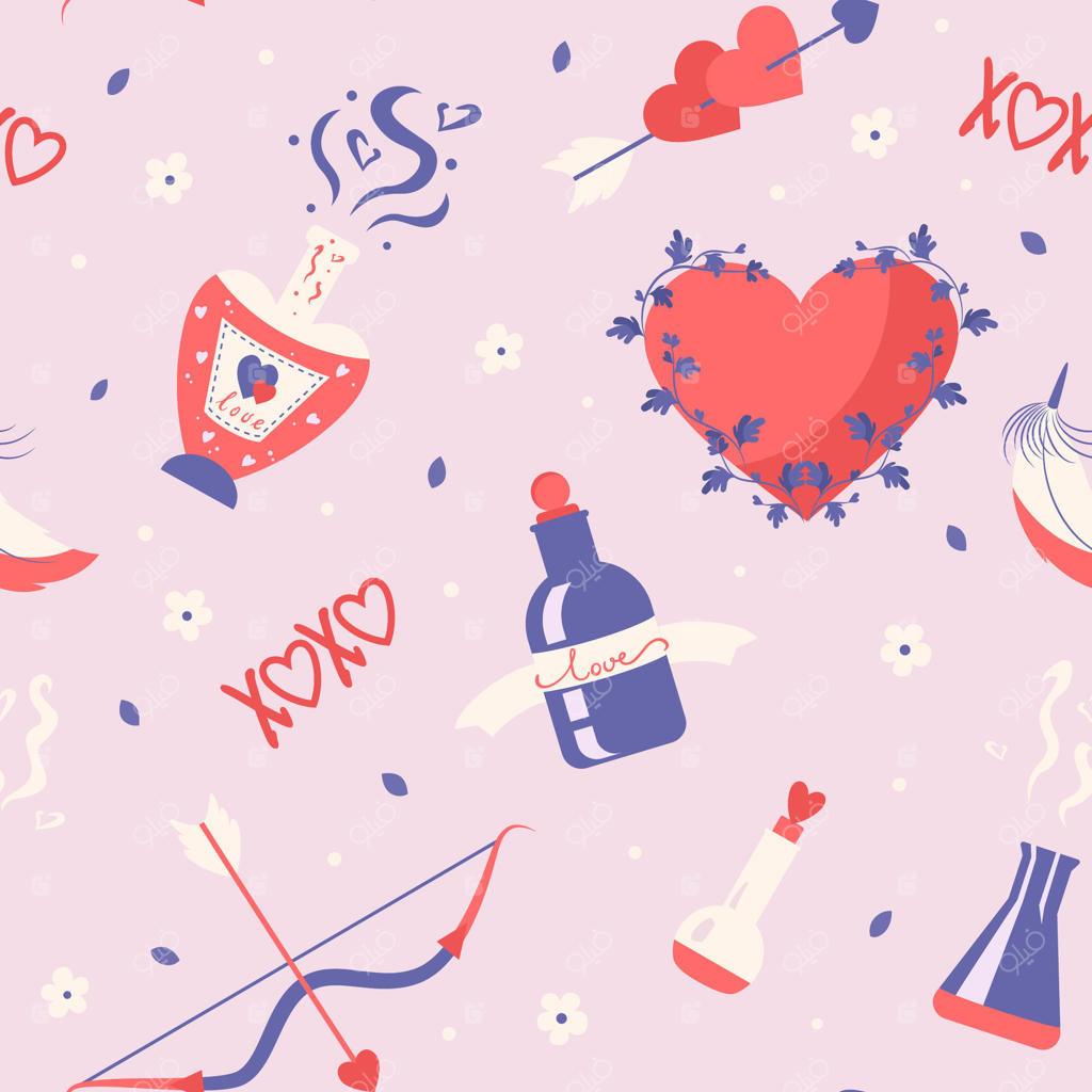 جشن روز ولنتاین، پترن پیوسته با بطری‌های معجون عشق به شکل قلب، کمان و تیر عشق به سبک نقاشی دستی