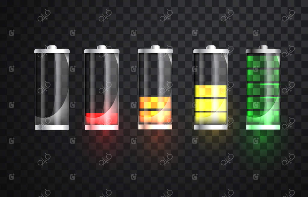 شارژ باتری: نشانگر وضعیت شارژ، تصویرسازی واقع‌گرایانه باتری شیشه‌ای، شارژ کامل و تخلیه کامل. وضعیت شارژ. وکتور.