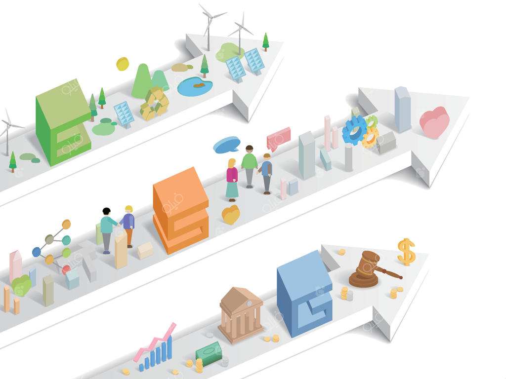 متن ESG با فلش و عناصر مدیریت محیط زیست اجتماعی - تصویرسازی گرافیکی EPS 10