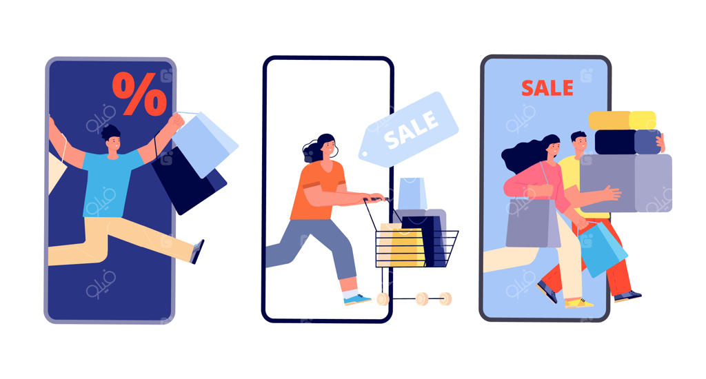 مردم در فروش آنلاین از گوشی خود با کیسه‌های خرید و چرخ‌دستی بیرون می‌آیند - مرد و زن خوشحال با تخفیف‌ها در فروشگاه مجازی