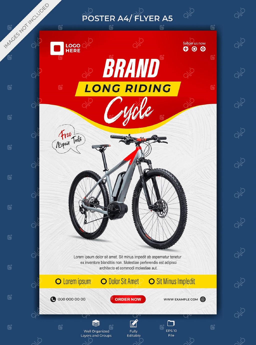 بنر تبلیغاتی مدرن دوچرخه با پیشنهاد ابزار تعمیر رایگان و قالب پوستر دوچرخه‌سواری قابل ویرایش