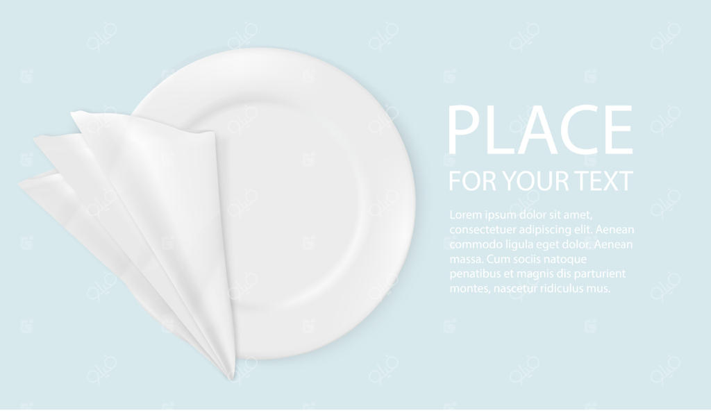 بشقاب سه‌بعدی وکتور: طراحی واقعی ظرف سفید چینی، پلاستیکی یا کاغذی یک‌بار مصرف همراه با دستمال کاغذی. نمای روبرو با توضیحات. قالب طراحی.