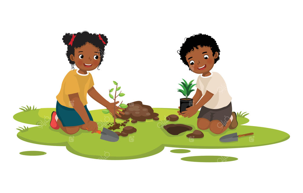 کودکان دوست‌داشتنی آفریقایی در حال باغبانی و کاشت نهال با یکدیگر در باغچه