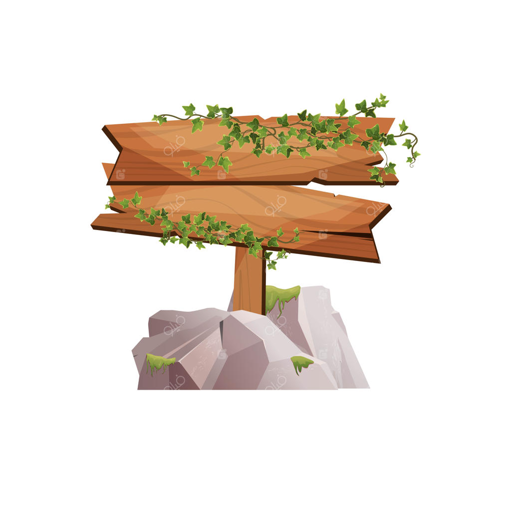 تابلوی چوبی خالی با شاخه‌های پیچک روی سنگ‌ به عنوان بنر یک بازی