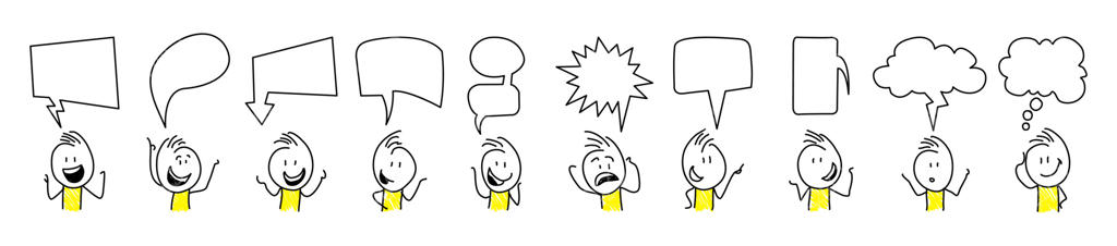 آدمک‌های ساده: حباب‌های فکر و گفتگو. بر روی زمینه سفید.