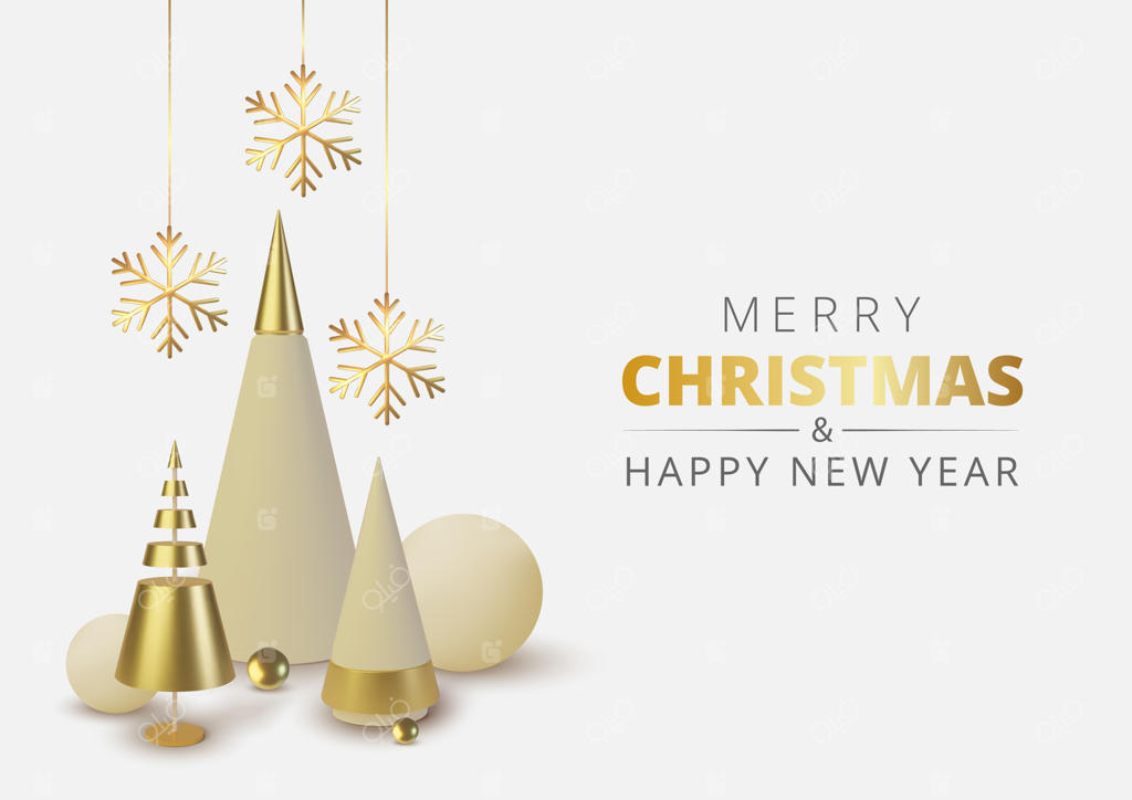 درخت کریسمس طلایی فلزی: پس‌زمینه‌ای انتزاعی و واقعی با مخروط، کره و دانه برف.