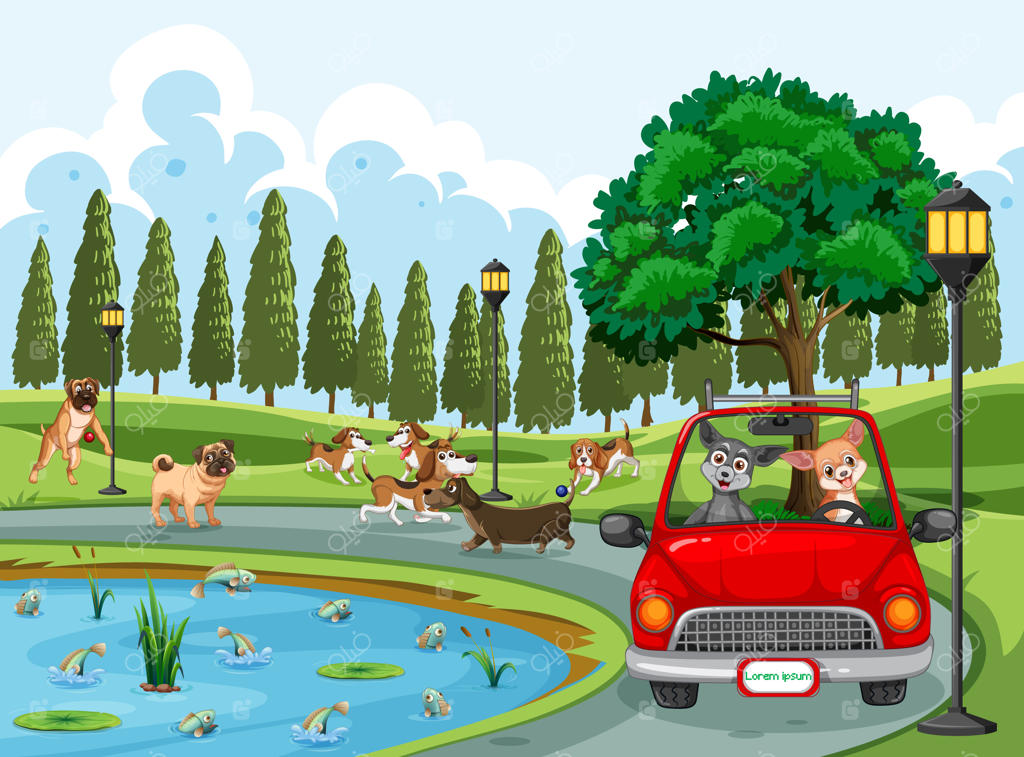 سگ‌ها در حال رانندگی با ماشین کنار دریاچه