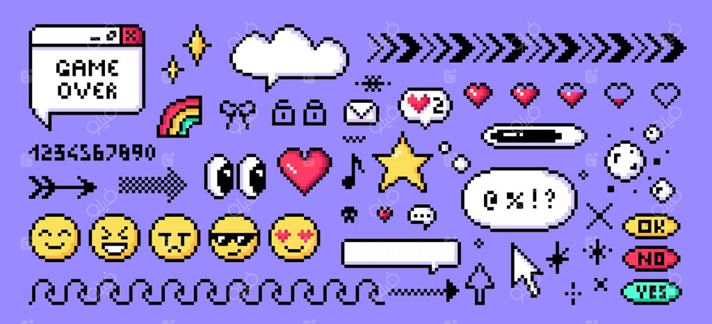 کاوش در هنر ایموجی پیکسلی رنگارنگ و آیکون‌های حرفه‌ای وکتور