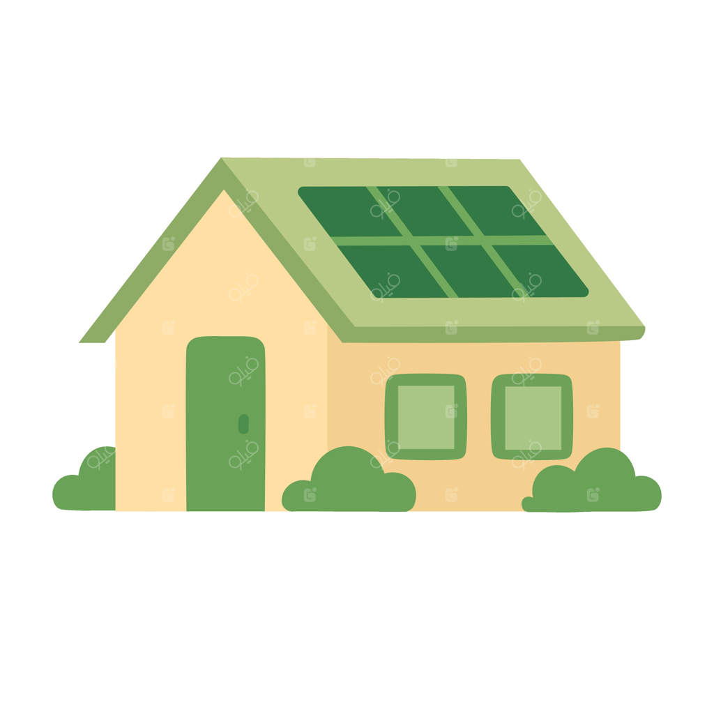 خانه کارتونی با صفحات خورشیدی و باغ سبز. نماد زندگی پایدار و انرژی پاک.